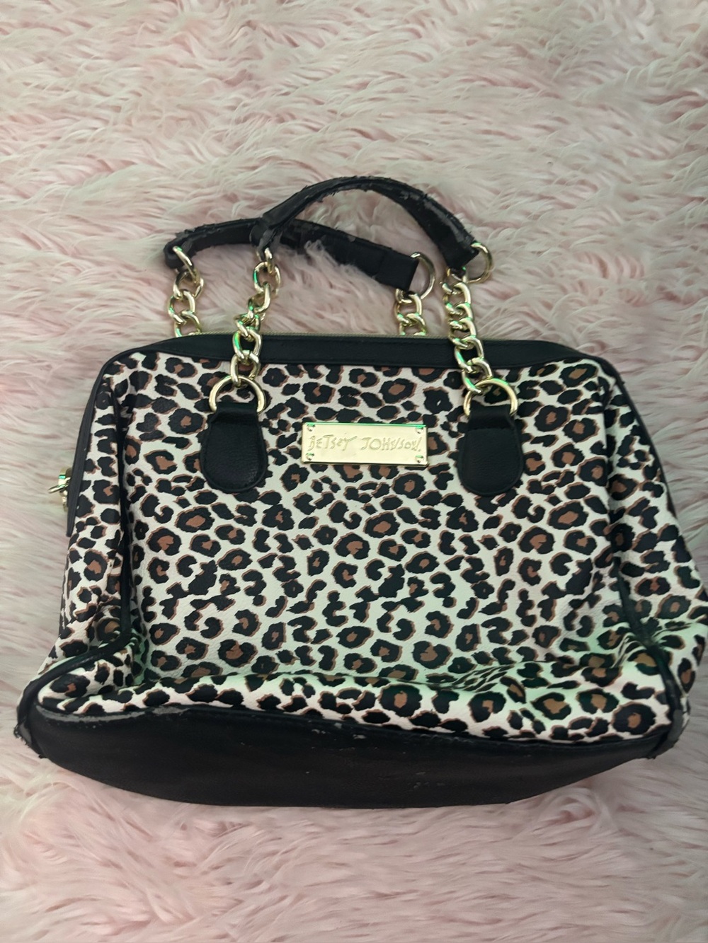 Betsey Johnson Leopard Print Satchel in Brown and Black with Gold Chain Handles